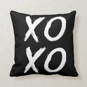 XOXO Kiss and Hug Black White Brush Script Throw Pillow