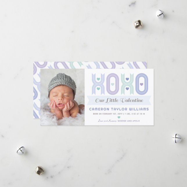 XOXO Little Valentine Boy Photo Birth Announcement (Front/Back In Situ)