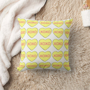 XOXO Love Candy Yellow Hearts Valentine's Day Throw Pillow
