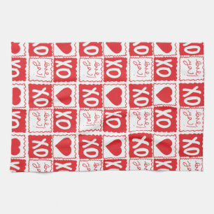 XOXO Love Heart Valentines Red White Kitchen Towel