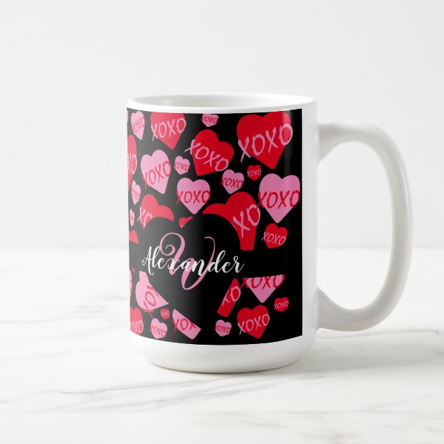 XOXO Monogram Heart Pink Red Pattern Black Coffee Mug (Right)