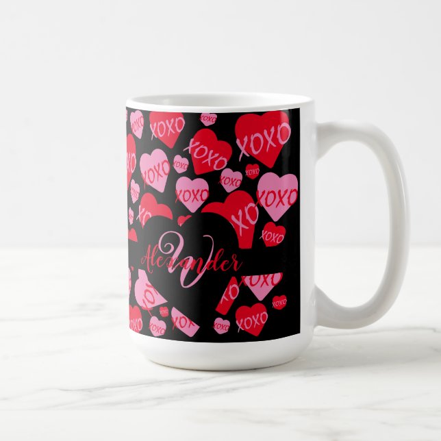 XOXO Monogram Heart Pink Red Pattern Black Coffee Mug (Right)