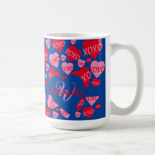 XOXO Monogram Heart Pink Red Pattern Blue Coffee Mug