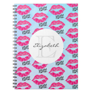 XOXO Pattern with Stylish Pink Kissy Lips Monogram Notebook