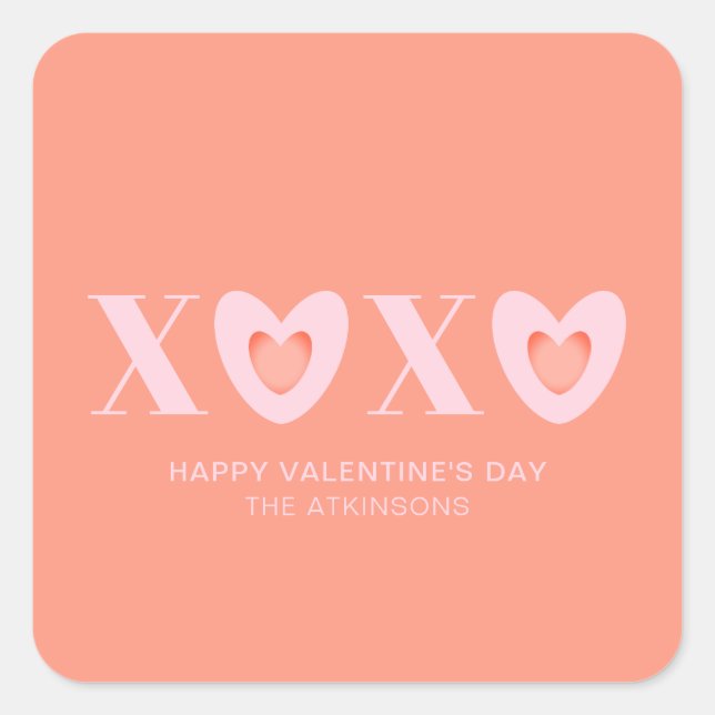XOXO pink and peach hearts typography modern cute Square Sticker (Front)