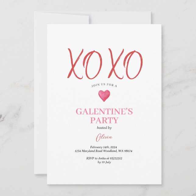  XOXO Pink Galentine's Day Party Valentine Invitation (Front)