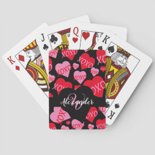 XOXO Pink Red Heart Pattern Monogram Blue Playing Cards