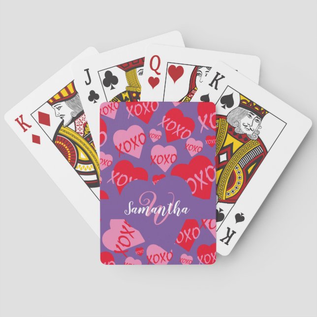 XOXO Pink Red Heart Pattern Monogram Purple Playing Cards (Back)