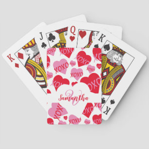 XOXO Pink Red Heart Pattern Monogram White Playing Cards