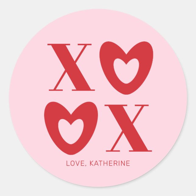 XOXO pink red hearts typography girly cute custom Classic Round Sticker (Front)