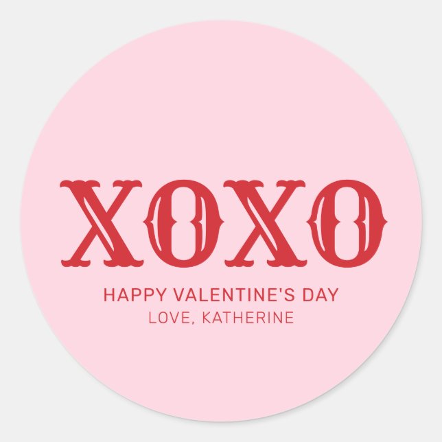 XOXO pink red typography cute valentine's Day Classic Round Sticker (Front)