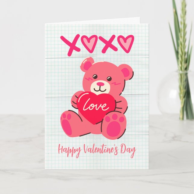 XOXO Pink Teddy Bear Love Heart Valentine Day Card (Front)