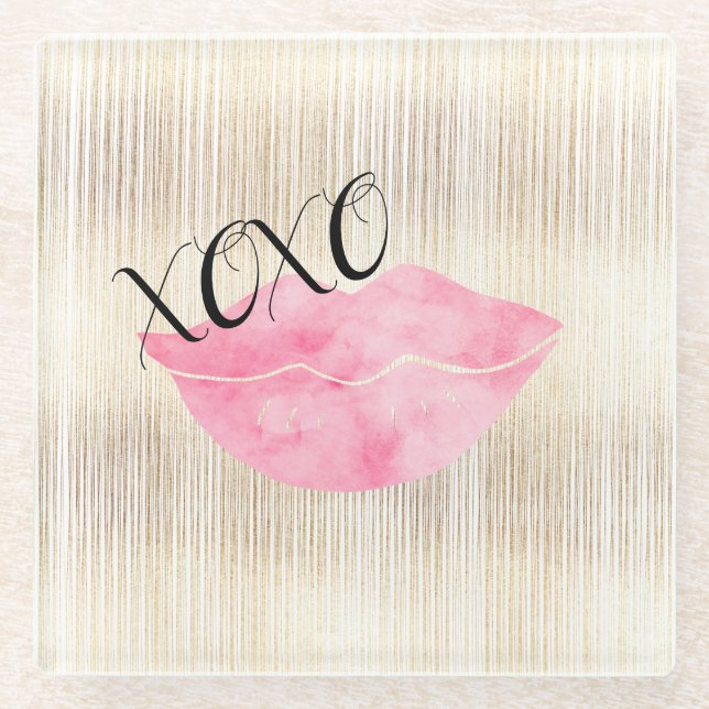 XOXO Pink Watercolor Lips Glass Coaster (Front)