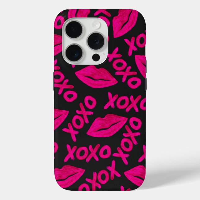XOXO Quote Black Neon Pink Lips Lipstick Pattern Case-Mate iPhone Case (Back)