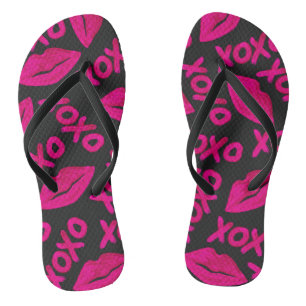 XOXO Quote Black Neon Pink Lips Lipstick Pattern Flip Flops