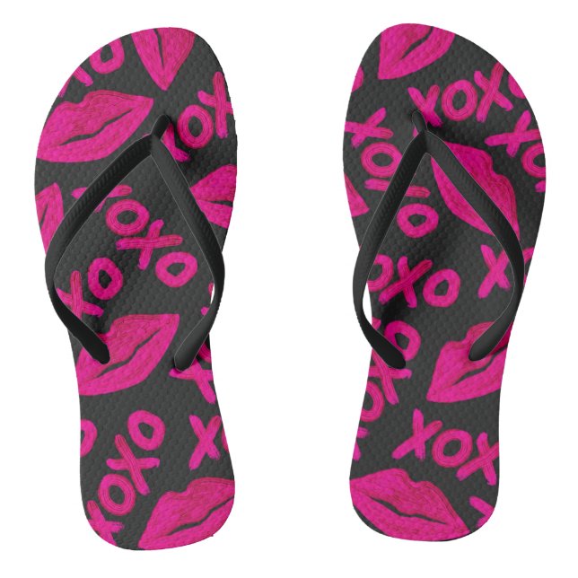 XOXO Quote Black Neon Pink Lips Lipstick Pattern Flip Flops (Footbed)
