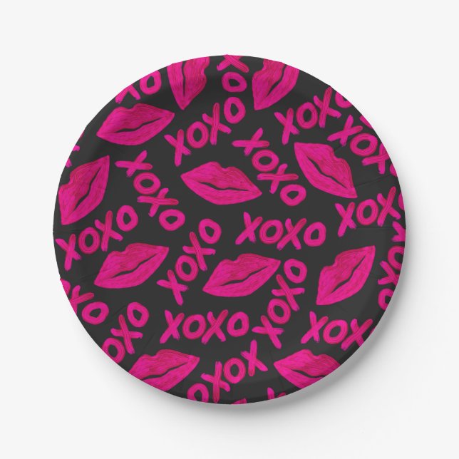 XOXO Quote Black Neon Pink Lips Lipstick Pattern Paper Plate (Front)
