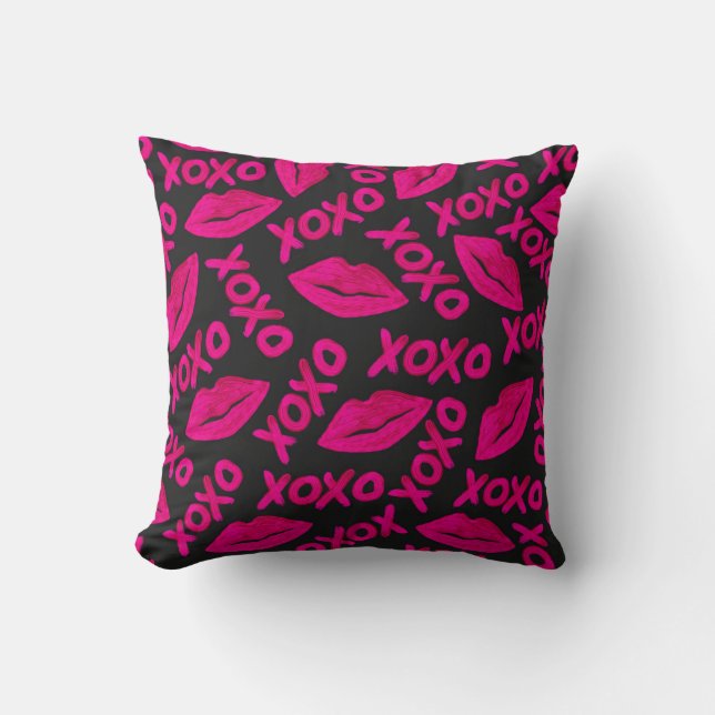 XOXO Quote Black Neon Pink Lips Lipstick Pattern Throw Pillow (Front)