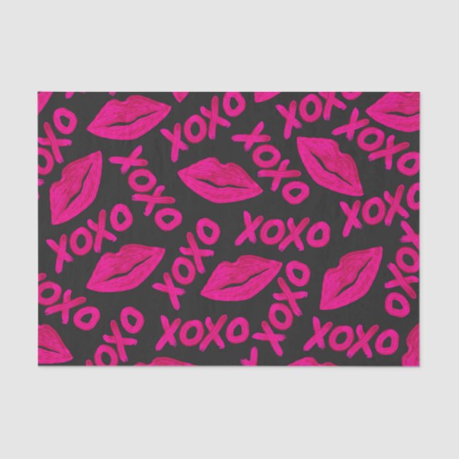 XOXO Quote Black Neon Pink Lips Lipstick Pattern Tissue Paper (Front)