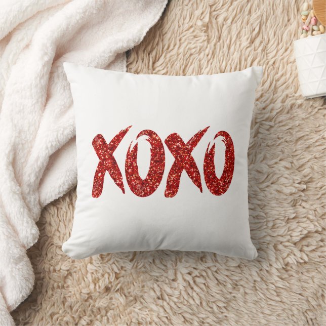 XOXO Red Glitter | Glam Brushstroke Hug and Kisses Throw Pillow (Blanket)
