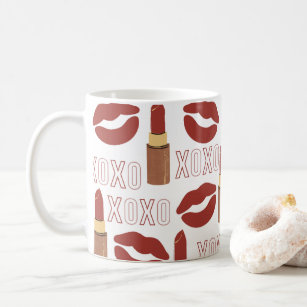 XOXO, Red Lipstick, and Kisses in White Background Coffee Mug