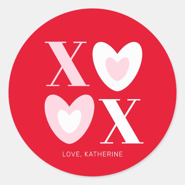 XOXO red white pink hearts typography cute custom Classic Round Sticker (Front)