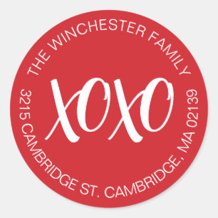 XOXO red white Valentine's Day address Classic Round Sticker