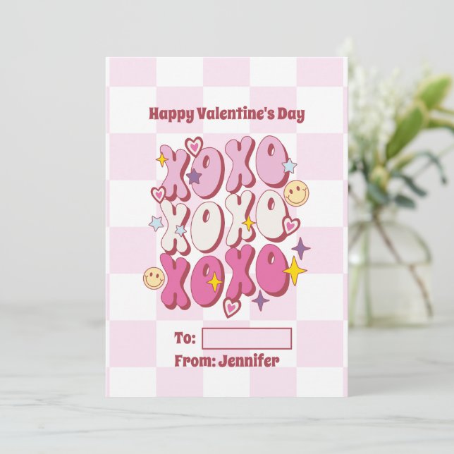 XOXO Retro Valentine’s Day, Chequered Pattern Holiday Card (Standing Front)