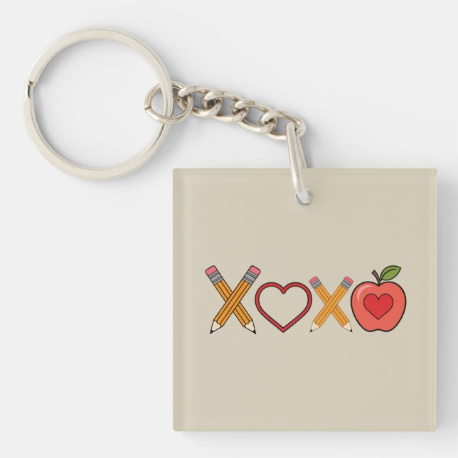 XOXO Teacher Valentine's Day Pencil And Apple  Keychain (Front)
