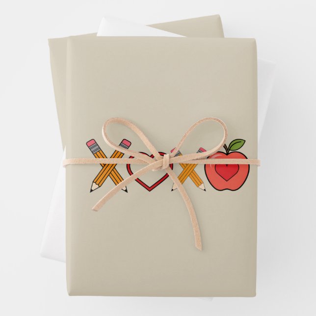 XOXO Teacher Valentine's Day Pencil And Apple  Wrapping Paper Sheet (In situ)