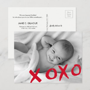 XOXO Valentine's Birth Announcement baby photo Postcard