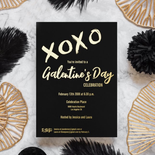 XOXO Valentines Party Galentine's Day Friends Foil Foil Holiday Card (Real gold foil XOXO Valentine's Day invitation black and gold.)