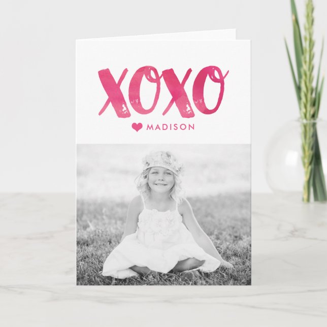 XOXO Watercolor Folded Valentine's Day Photo Card (Front)