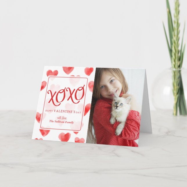 XOXO Watercolor Hearts Valentine's Day Card (Front)
