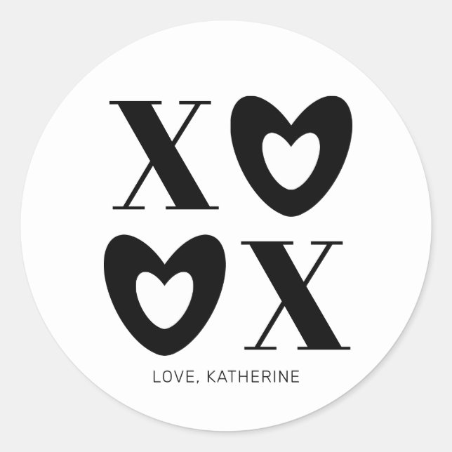 XOXO white black hearts typography modern custom Classic Round Sticker (Front)