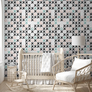 X's & O's, Hugs & Kisses Black Pink & Teal Pattern Wallpaper