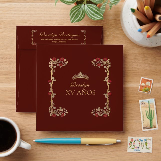 xv AÑOS Gold and Burgundy Red Rose Quinceañera Envelope (Desk)