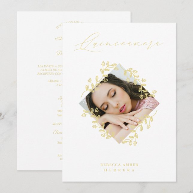 XV Años Gold Diamond Wildflower White Photo Invitation (Front/Back)