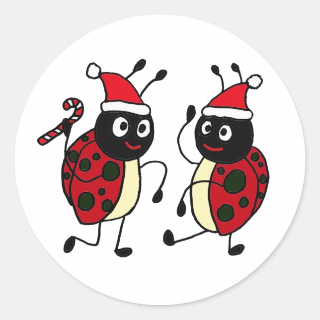 XX- Dancing Ladybugs Wearing Santa Hats Classic Round Sticker (Front)