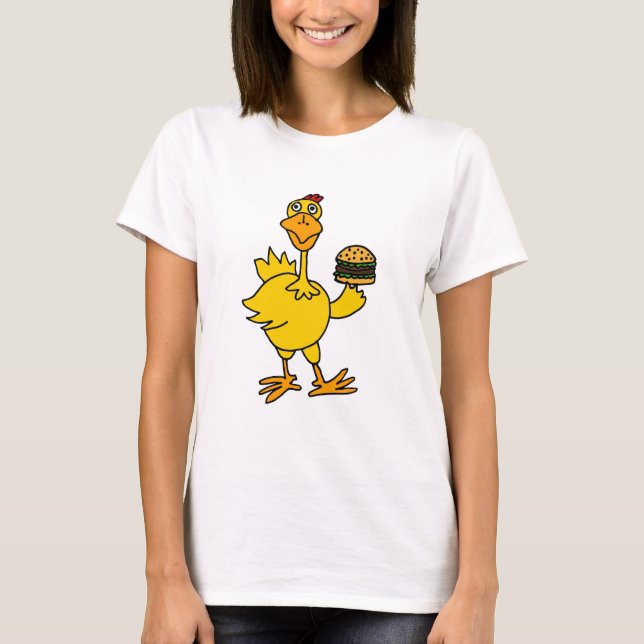 XX- Funny Chicken Eating a Hamburger T-Shirt (Front)