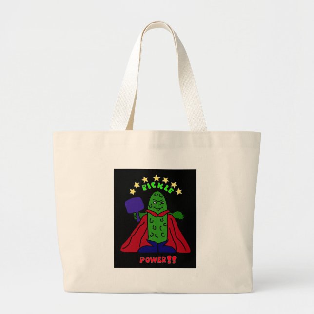 XX- Pickle Power Superhero Pickleball Cartoon Large Tote Bag (Front)