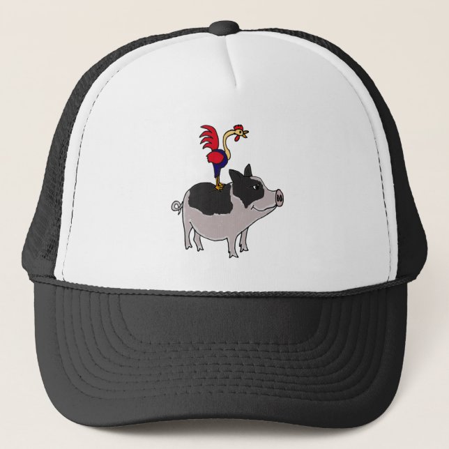 XX- Rooster on a Pot Bellied Pig Cartoon Trucker Hat (Front)