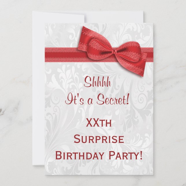 XXth SURPRISE Birthday Party Damask and Bow Invitation (Front)
