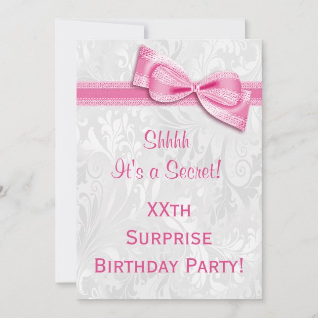 XXth SURPRISE Birthday Party Damask & Pink Bow Invitation (Front)
