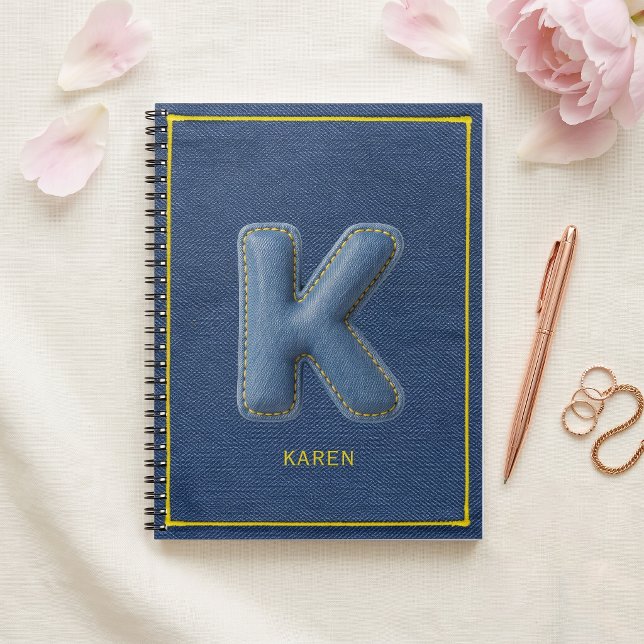 Y2K Blue Denim 3D Puff Letter K Monogram Name Notebook (Creator Uploaded)