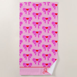 y2k Coquette Ribbon Pattern Red& Pink Preppy Name Beach Towel