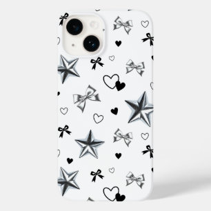 Y2K Dark Coquette Silver Star Ribbon Heart Pattern Case-Mate iPhone 14 Case