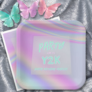 Y2K iridescent rainbow happy birthday personalized Paper Plate