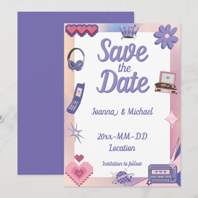 Y2K Pink Purple 2000s Retro Tech Geek Love Wedding Invitation (Front/Back)
