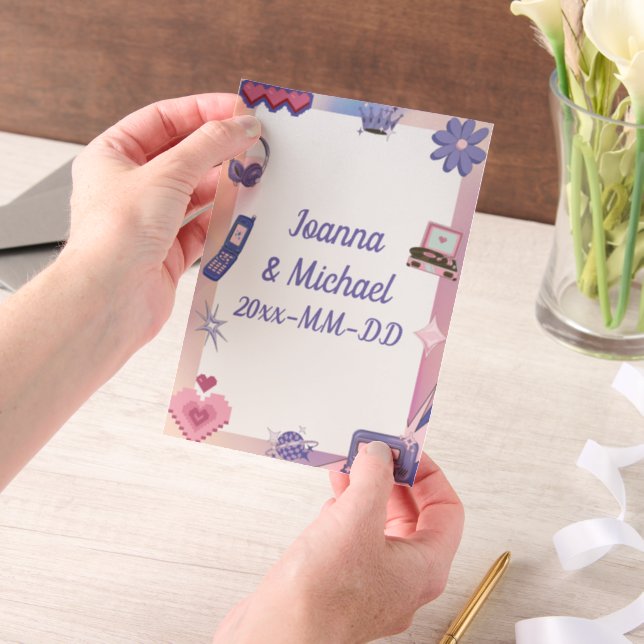 Y2K Pink Purple 2000s Retro Tech Geek Love Wedding Vellum Invitations (Handheld)